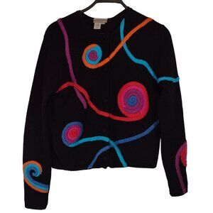 Coldwater Creek Womens Size S Black Cardigan with Raised Swirls Ramie Blend
